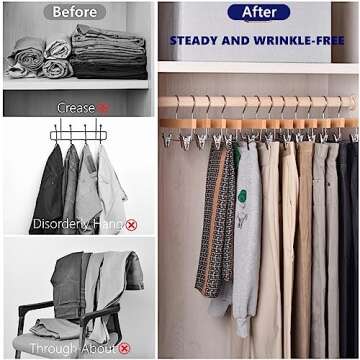 Amber Home 10 Pack Natural Wooden Pants Hangers with Clips, Wood Skirt Hangers Trouser Hangers for Jeans, Slacks, Shorts with 2-Adjustable Clips