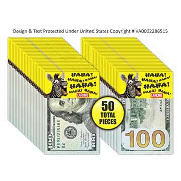 Larkmo The Pranking Zebra Funny $100 Gag, Realistic One Hundred Dollar Bill Joke Office Prank for Men, Women & Children, Great Practical Joke, Kit of 50 Pieces