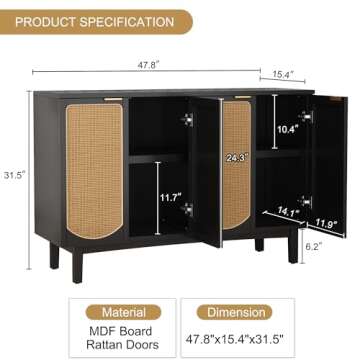 ARTPOWER Sideboard Buffet Cabinet with 4 Rattan Doors, Accent Storage Cabinet with Shelves, Free Sta...