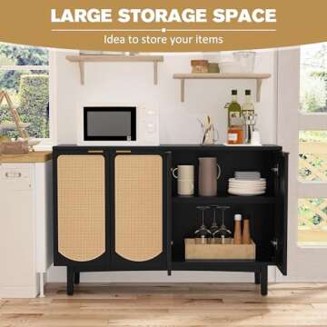 ARTPOWER Sideboard Buffet Cabinet with 4 Rattan Doors, Accent Storage Cabinet with Shelves, Free Standing TV Console Table, Modern Black Credenza for Kitchen, Dining Room, Living Room, Hallway