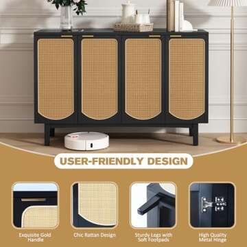 ARTPOWER Sideboard Buffet Cabinet with 4 Rattan Doors, Accent Storage Cabinet with Shelves, Free Standing TV Console Table, Modern Black Credenza for Kitchen, Dining Room, Living Room, Hallway