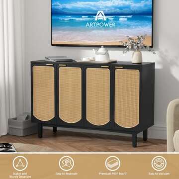 ARTPOWER Sideboard Buffet Cabinet with 4 Rattan Doors, Accent Storage Cabinet with Shelves, Free Standing TV Console Table, Modern Black Credenza for Kitchen, Dining Room, Living Room, Hallway
