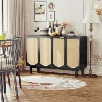 ARTPOWER Sideboard Buffet Cabinet with 4 Rattan Doors, Accent Storage Cabinet with Shelves, Free Standing TV Console Table, Modern Black Credenza for Kitchen, Dining Room, Living Room, Hallway