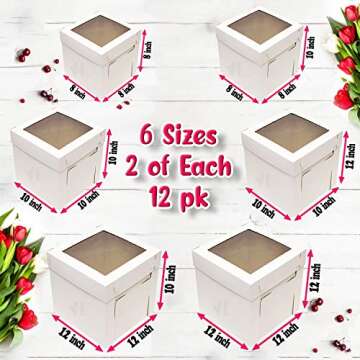 VTPT Ecom - 12 Pcs Tall Cake Boxes with Window in 6 Sizes + 15 Thank You Stickers 12x12 10x10 8x8, B...