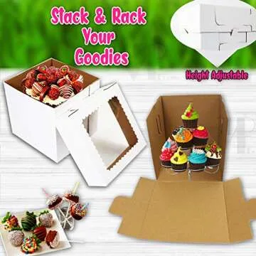 VTPT Ecom - 12 Pcs Tall Cake Boxes with Window in 6 Sizes + 15 Thank You Stickers 12x12 10x10 8x8, Bakery Boxes disposable carrier take out container, In 12 10 8 inch 2 3 tier wedding birthday
