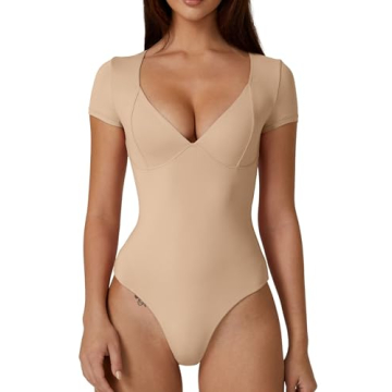 QINSEN Women's V Neck Bodysuit - Flattering Seamed Cup & Comfort Fit