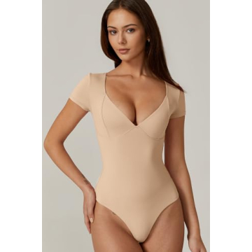 QINSEN Women's V Neck Bodysuit Seamed Cup Comfort Fit