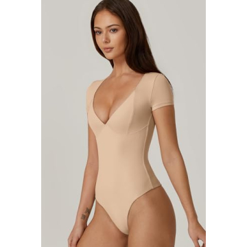 QINSEN Women's V Neck Bodysuit Seamed Cup Comfort Fit