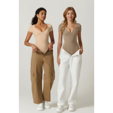 QINSEN Women's V Neck Bodysuit Seamed Cup Comfort Fit