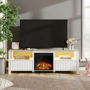 WAMPAT Fireplace TV Stand for 75 Inch TV, White Entertainment Center with LED Light, Modern TV Conso...