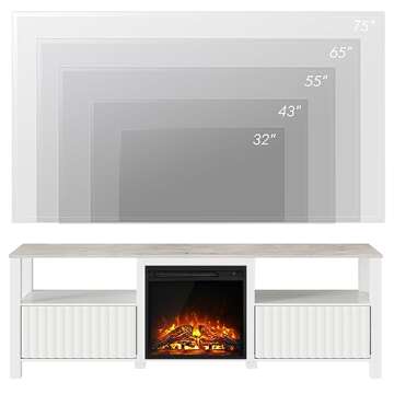 WAMPAT Fireplace TV Stand for 75 Inch TV, White Entertainment Center with LED Light, Modern TV Console Table for 80/70/65 inch TV with 4 Storages for Living Room, 70 Inch