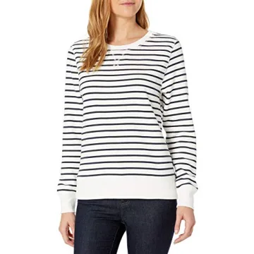 Amazon Essentials Women's French Terry Fleece Crewneck Sweatshirt in Stylish Navy White Stripe with ...