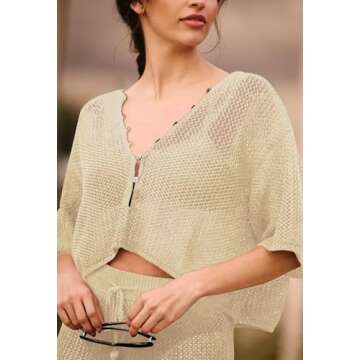 Pink Queen Swim Cover Up for Women 2024 Summer Swimsuit Coverup Sexy Beach Crochet Dress Short Sleeve V Neck Pullover Crop Top Matching Skirts Set Apricot XL