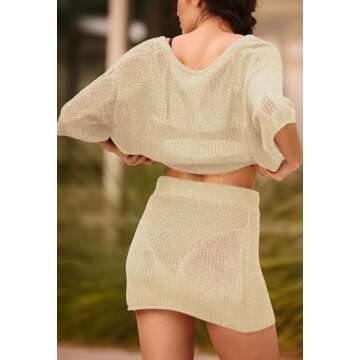 Pink Queen Swim Cover Up for Women 2024 Summer Swimsuit Coverup Sexy Beach Crochet Dress Short Sleeve V Neck Pullover Crop Top Matching Skirts Set Apricot XL