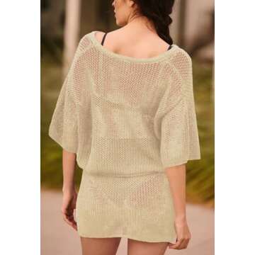 Pink Queen Swim Cover Up for Women 2024 Summer Swimsuit Coverup Sexy Beach Crochet Dress Short Sleeve V Neck Pullover Crop Top Matching Skirts Set Apricot XL