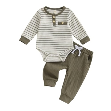 sdghg New Born Infant Baby Boys Stripe Waffle Bodysuit & Pants Set - Army Green - 0-3 Months