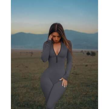 TOB Women Yoga Jumpsuits Workout Ribbed Long Sleeve Zip Front Exercise Jumpsuits Darkgrey