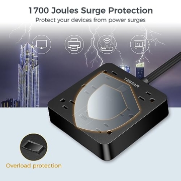 TESSAN Black Surge Protector Power Strip with USB Ports