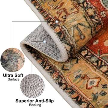 COMSLE Boho Area Rug, 4' x 6' Machine Washable Rugs for Entryway Faux Wool Large Rugs Distressed Throw Rug Non-Slip Floor Carpet for Indoor Bedroom Kitchen Living Room