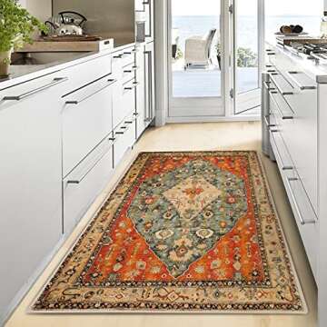 COMSLE Boho Area Rug, 4' x 6' Machine Washable Rugs for Entryway Faux Wool Large Rugs Distressed Throw Rug Non-Slip Floor Carpet for Indoor Bedroom Kitchen Living Room
