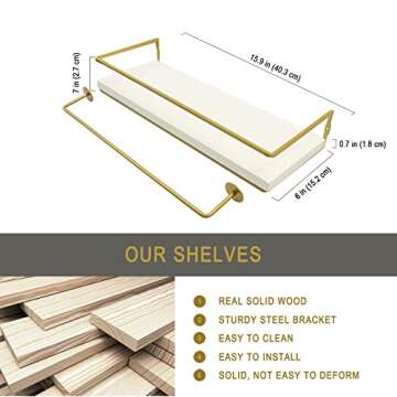 KEZORY Floating Shelves with Towel Rack, Farmhouse Wall Mounted Floating Shelf Storage and Decoration for Bathroom Kitchen Livingroom Bedroom, Home Decor Rustic Wall Decor Set of 2 (White)