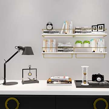 KEZORY Floating Shelves with Towel Rack, Farmhouse Wall Mounted Floating Shelf Storage and Decoration for Bathroom Kitchen Livingroom Bedroom, Home Decor Rustic Wall Decor Set of 2 (White)