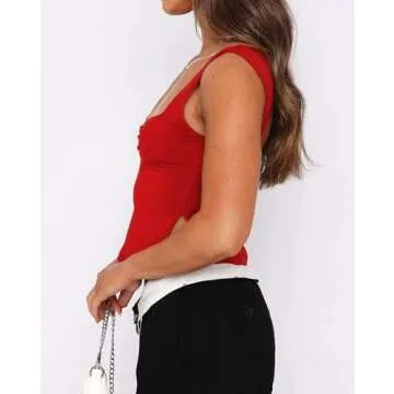 ForeFair Women Sleeveless Backless Crop Tank Top Summer Going Out Outfits Cute Pleated Sweetheart Neck Strappy Y2K Slits Tops (Red,XS)