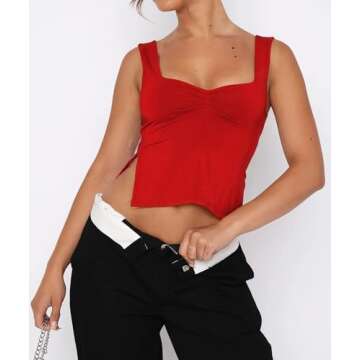 ForeFair Women Sleeveless Backless Crop Tank Top Summer Going Out Outfits Cute Pleated Sweetheart Neck Strappy Y2K Slits Tops (Red,XS)
