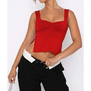 ForeFair Women Sleeveless Backless Crop Tank Top Summer Going Out Outfits Cute Pleated Sweetheart Neck Strappy Y2K Slits Tops (Red,XS)
