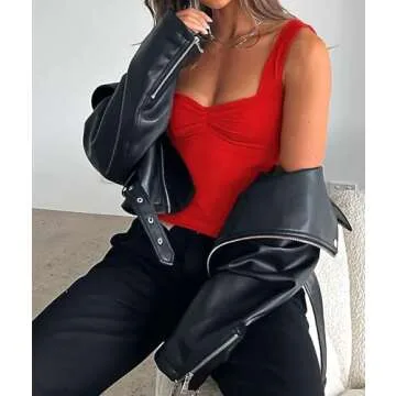 ForeFair Women Sleeveless Backless Crop Tank Top Summer Going Out Outfits Cute Pleated Sweetheart Neck Strappy Y2K Slits Tops (Red,XS)