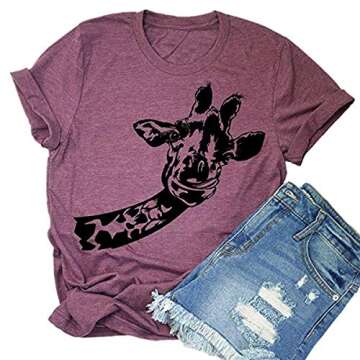 Beopjesk Womens Summer Giraffe Printed T-Shirt Funny Cute Animal Graphic Tees Tops