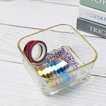 NatSumeBasics Clear Paper Clip Holder Glass Bowl with Gold Rim Square Paper Clips Dispenser Colorful Paperclips Elegant Desk Organizer Accessories (Clear)