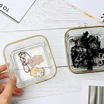NatSumeBasics Clear Paper Clip Holder Glass Bowl with Gold Rim Square Paper Clips Dispenser Colorful Paperclips Elegant Desk Organizer Accessories (Clear)