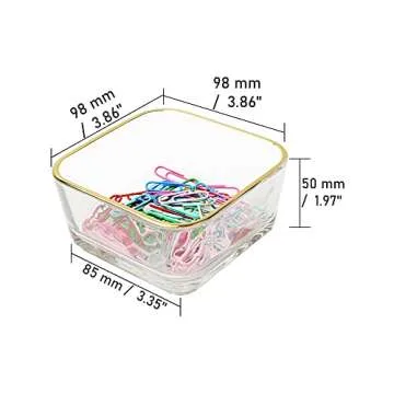 NatSumeBasics Clear Paper Clip Holder Glass Bowl with Gold Rim Square Paper Clips Dispenser Colorful Paperclips Elegant Desk Organizer Accessories (Clear)