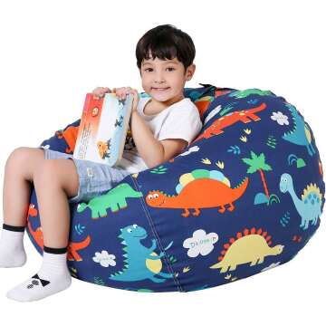 Lukeight Stuffed Animal Storage Bean Bag Chair for Kids - Large Dinosaur Design