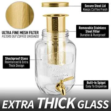 Zulay Kitchen 1 Gallon Cold Brew Coffee Maker - Large Iced Tea & Cold Brew Pitcher with Extra-Thick Glass & Stainless Steel Infuser - Drink & Beverage Dispenser Jar with Airtight Lid & Spout (Gold)
