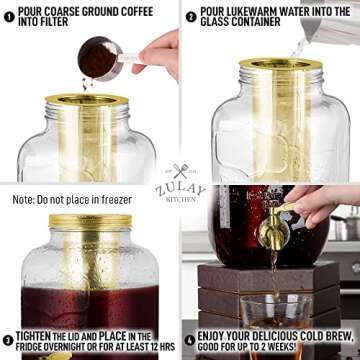 Zulay Kitchen 1 Gallon Cold Brew Coffee Maker - Large Iced Tea & Cold Brew Pitcher with Extra-Thick Glass & Stainless Steel Infuser - Drink & Beverage Dispenser Jar with Airtight Lid & Spout (Gold)