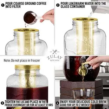 Zulay Kitchen 1 Gallon Cold Brew Coffee Maker - Large Iced Tea & Cold Brew Pitcher with Extra-Thick Glass & Stainless Steel Infuser - Drink & Beverage Dispenser Jar with Airtight Lid & Spout (Gold)