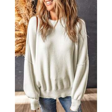 EVALESS White Sweater Womens Fahison Fall Outfits Business Causal Clothes for Women 2024 Oversized Cashmere Sweaters Batwing Sleeve Knit Tops Crewneck Chunky Pullover Sweaters Winter Clothing, Large
