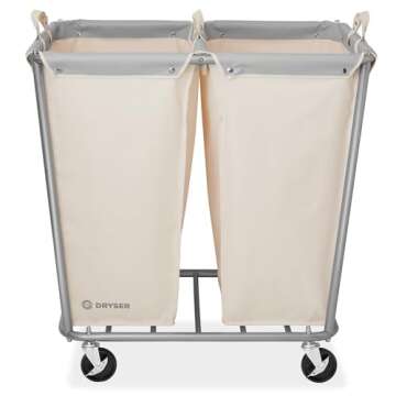 Dryser Divided Commercial Heavy-Duty Rolling Laundry Hamper, Steel Frame Cart on Wheels with 2 Secti...