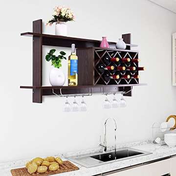 Giantex Wine Rack Wall Mounted, 6-Bottle Wood Hanging Wall Wine Rack Shelf w/Glass Holder, Modern Di...