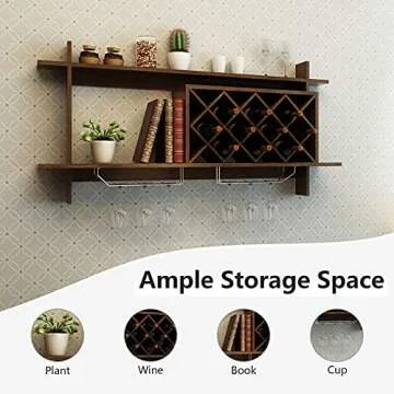 Giantex Wine Rack Wall Mounted, 6-Bottle Wood Hanging Wall Wine Rack Shelf w/Glass Holder, Modern Diamond-Shaped Wine Glass Rack, Floating Wine Shelves for Home Bar, Kitchen, Dining Room, Black