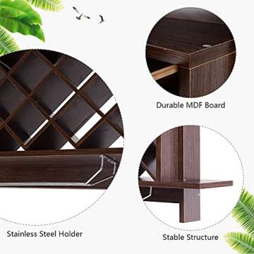 Giantex Wine Rack Wall Mounted, 6-Bottle Wood Hanging Wall Wine Rack Shelf w/Glass Holder, Modern Diamond-Shaped Wine Glass Rack, Floating Wine Shelves for Home Bar, Kitchen, Dining Room, Black