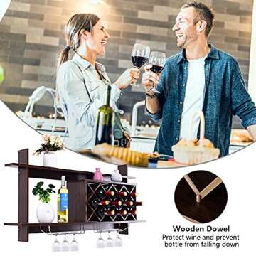 Giantex Wine Rack Wall Mounted, 6-Bottle Wood Hanging Wall Wine Rack Shelf w/Glass Holder, Modern Diamond-Shaped Wine Glass Rack, Floating Wine Shelves for Home Bar, Kitchen, Dining Room, Black