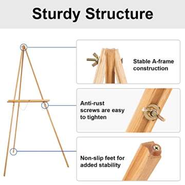 Falling in Art 65" A-Frame Tripod Easel Stand, Wooden Display Easel with Adjustable Canvas Holder, Floor Easel for Wedding Signs, Posters, Paintings, Artwork(Natural)