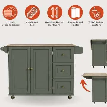 Homestyles Mobile Kitchen Island Cart with Wood Top and Dropleaf Breakfast Bar, 18" D x 53.5" W x 36...