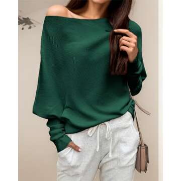 GOLDSTITCH Women's Off Shoulder Batwing Sleeve Loose Pullover Sweater Knit Jumper Green XL,X-Large,G...