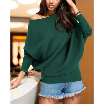 GOLDSTITCH Women's Off Shoulder Batwing Sleeve Loose Pullover Sweater Knit Jumper Green XL,X-Large,Green Sweater