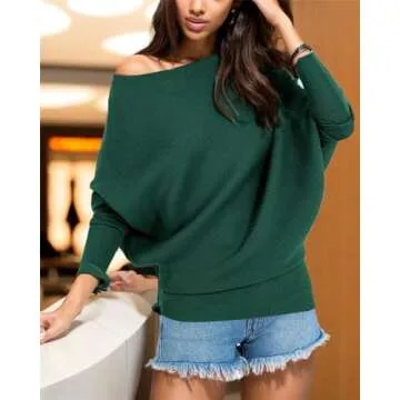 GOLDSTITCH Women's Off Shoulder Batwing Sleeve Loose Pullover Sweater Knit Jumper Green XL,X-Large,Green Sweater
