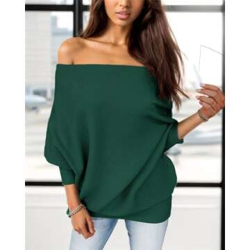 GOLDSTITCH Women's Off Shoulder Batwing Sleeve Loose Pullover Sweater Knit Jumper Green XL,X-Large,Green Sweater